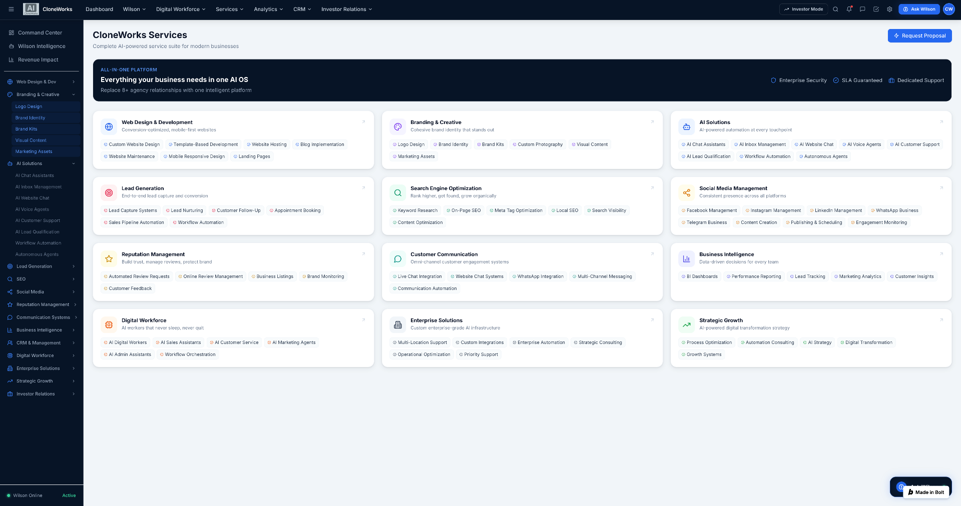 Early CloneWorks services interface showing the all-in-one AI operating system with modules for web design, branding, AI solutions, lead generation, SEO, social media, reputation, communication, business intelligence, digital workforce, enterprise solutions, and strategic growth.